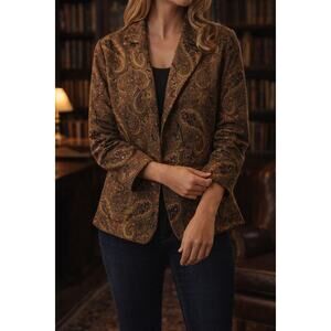 Vintage Paisley Brown Fall Earth Tone Wool Blend Boucle Open Front Jacket Size S